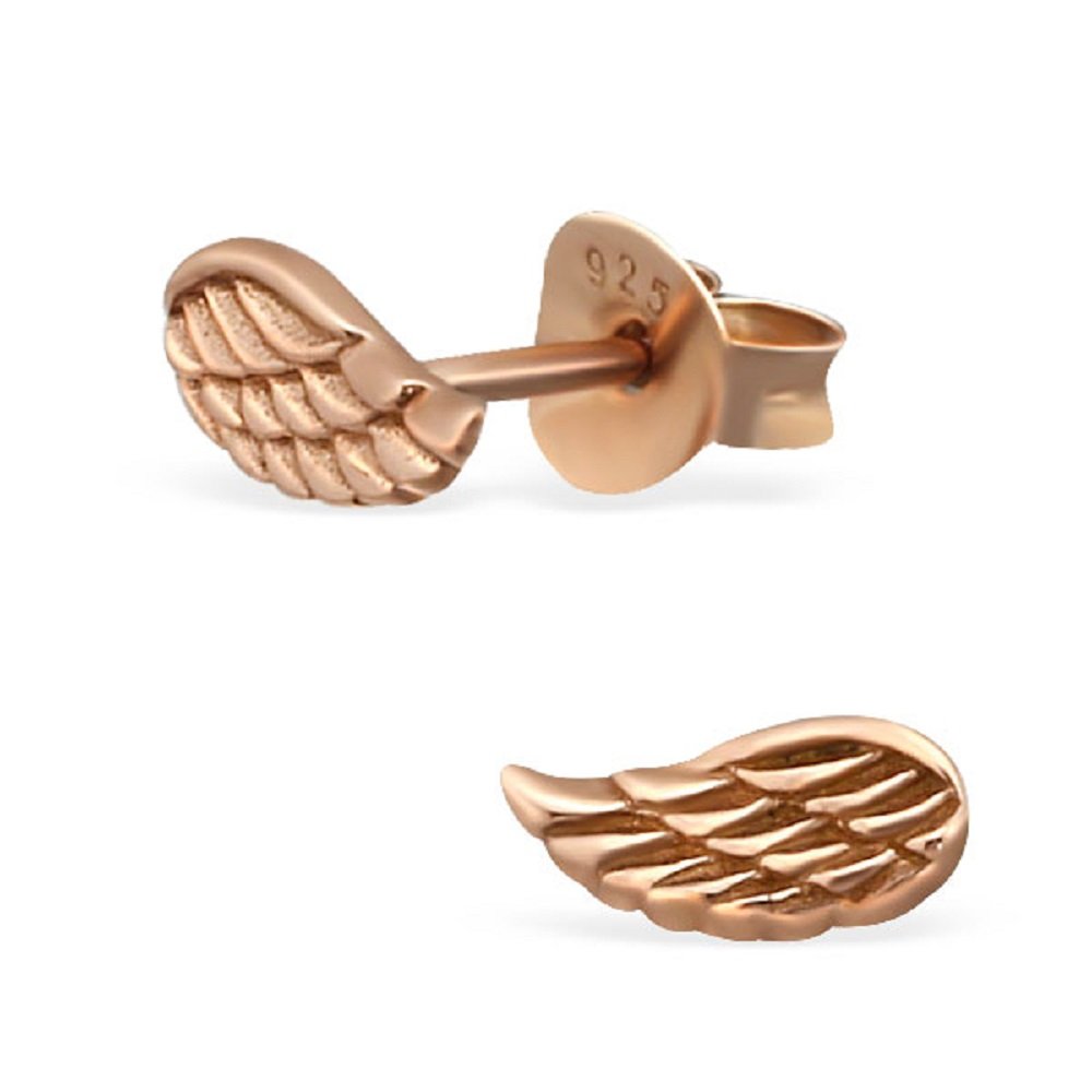 925 Sterling Silver Rose Gold Plated Angel Wing Stud Earrings for Women & Girls – Guardian Wing Jewellery Gift with Box