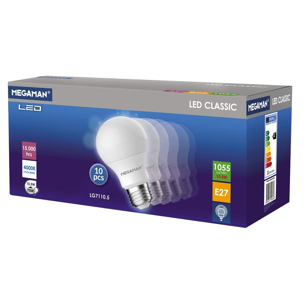 Pack of 10 x Megaman 710467 Opal LED GLS Style Light Bulb E27 ES 4000K Cool White 10.5 W