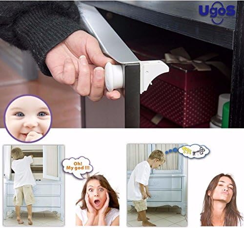 UGOS Cabinet Locks - Child Safety Magnetic Locks - Perfect for Baby &amp; Child Proofing Cabinets and Drawers - No Screws and No Drilling Needed (4 locks + 1 key)