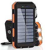 BESWILL Solar Charger, 10000MAH Solar Phone Charger Waterproof Portable External Battery Pack Dual USB Solar Power Bank with 2 Flashlights Carabiner and Compass for iPhone and other smart devices
