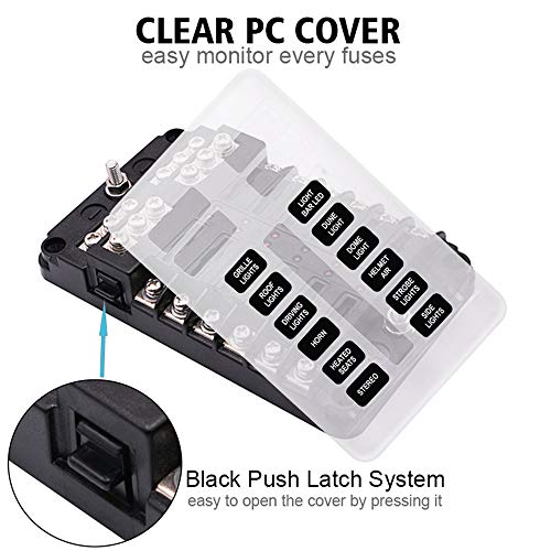 12-Way Fuse Block W/Negative Bus – WUPP ATC/ATO Fuse Box with LED Warning Indicator & Durable Protection Cover for Automotive Car Boat Marine RV Truck DC 12-24V, Fuses Not Included