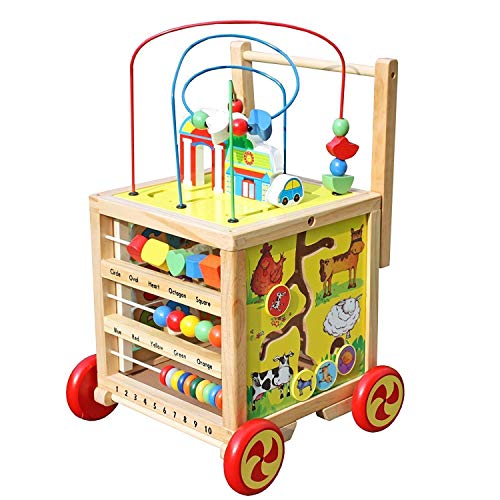 Timy Wooden Learning Bead Maze Cube 5 in 1 Educational Activity Center, Push&Pull Walking Toy for Toddler Baby