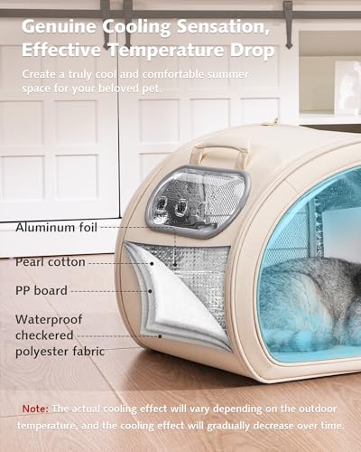 Pecute Casa Refrigerante para Gatos y Perros Pequeños, Caseta Fresca con 6 Cajas de Gel Reutilizables, Alfombrilla Refrigerante, Ventana Transparente Plegable, Tamaño M <6kg para Interior, Beige.