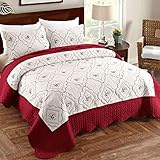 Oliven Quilts King Size,Reversible Bedspreads King,Embroidered Coverlet Set Burgundy&White,3 Piece(1 Quilt + 2 Pillow Shams)