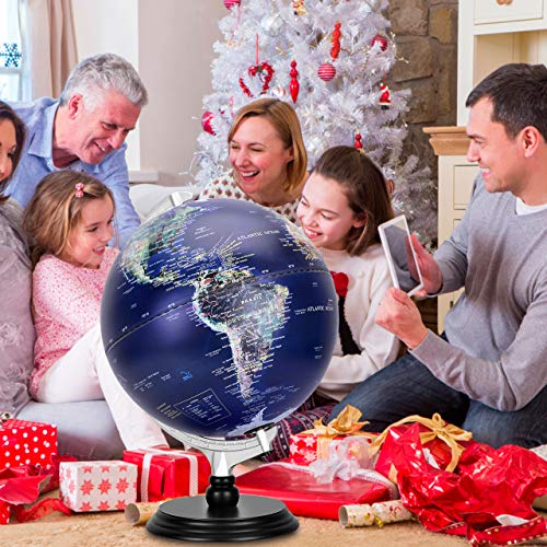 12 Inch Illuminated World Globe, Raised Relief Topographical Globe, Built-in LED Light for Night View, Magnifying Glass, Wood Stand for Learning Education Teaching Demo Home Office Desk Decoration