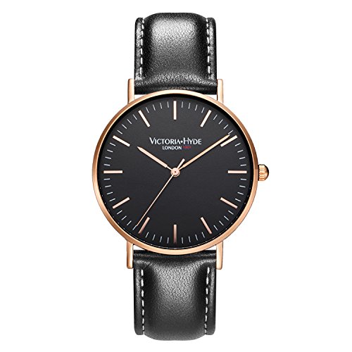 VICTORIA HYDE Classic Mens Quartz Watches Black Wristwatch Replaceable Genuine Leather Strap