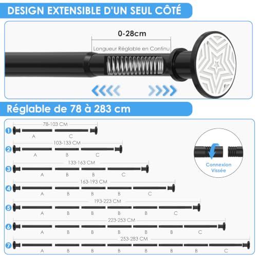 78-284 cm Curtain Rod, Extendible Curtain Rod, Black, 28 mm, Heavy Duty Pressure Shower Rod, Installation Without Drilling or with Screws, for Bathrooms, Windows and Doors