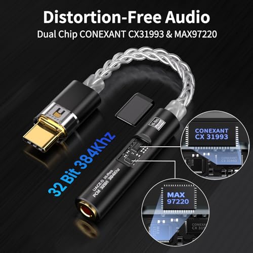 USB C to 3.5mm Audio Adapter with Dual Chip CX31993 MAX97220 DAC & HiFi Amplifier, 8-Strand 4N Single Crystal Silver-Plated Copper Cable,USBC to Headphones Aux Dongle for Android iPhone PC Mac (Black)