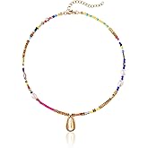 Wellike Freshwater Pearl Beaded Necklace for Women Handmade Boho Colorful Glass Beads Choker Necklace Stainless Steel 18K Gold Plated Bohemian Women Summer Jewelry Gifts