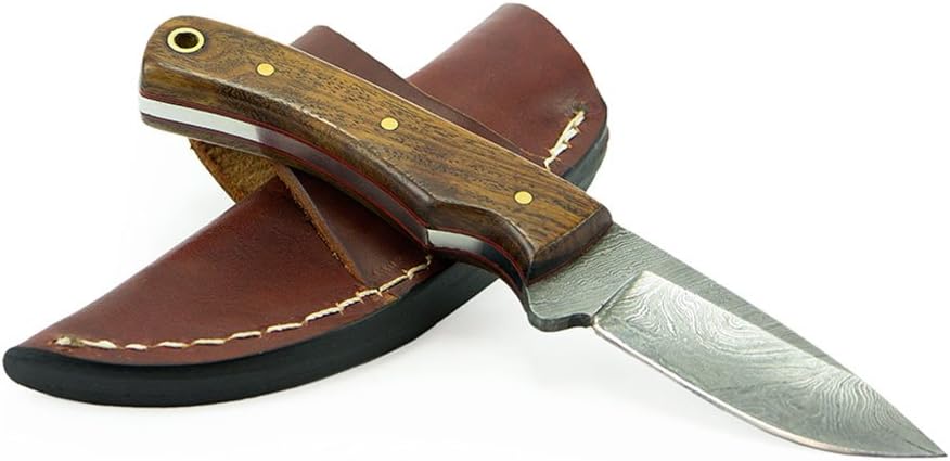 Knives Ranch Damascus Steel 6.5" Fixed Blade Knife with Indian Rosewood Handle and Leather Sheath
