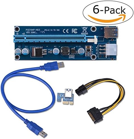 Aitmexcn 6-Pack 006C PCIe VER 16x to 1x Powered Riser Adapter Card w/ 60cm USB 3.0 Extension Cable &amp; 6-Pin PCI-E to SATA Power Cable - GPU Riser Adapter - Ethereum Mining ETH