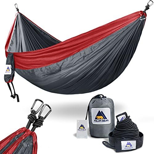 Portable Lightweight Single &amp; Double Camping Hammocks 120" (L) x 80"(W) for Backpacking, Travel, Beach, Hiking, Yard Contain 2 x Straps (120" L) &amp; 2 x Carabiners for Easy Setup Red &amp; Dark Grey