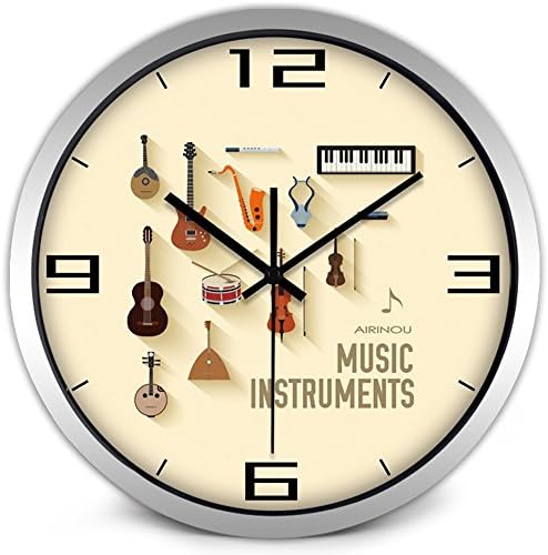Airinou Musician Theme Wall Clock Metal Glass Face Music Room Decorate Piano Guitar Musical Instruments Clock(12inch, Silver)