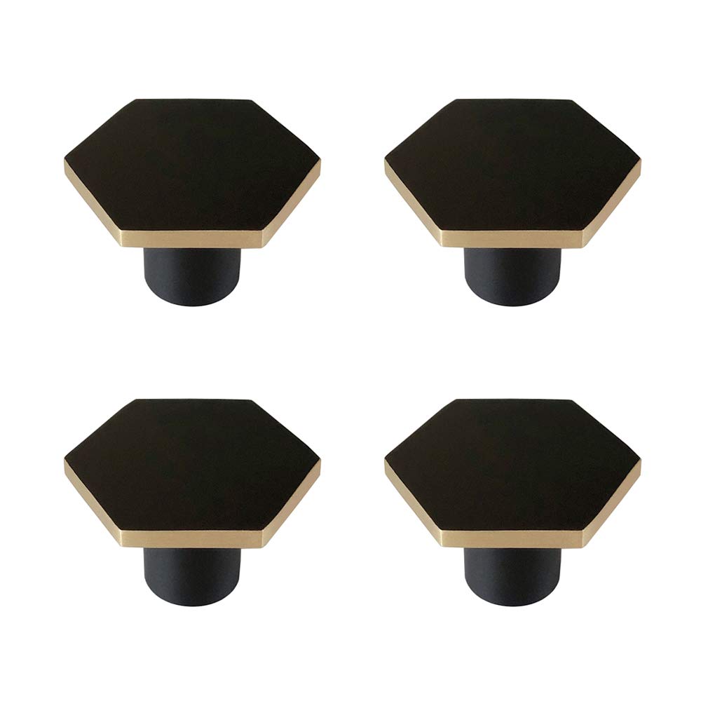 Tiazza 4Pcs 30mm Brass Single Hole Hexagon Knobs Handle Wardrobe Cabinet Drawer Furniture Cabinet Door Black Pulls (Black)