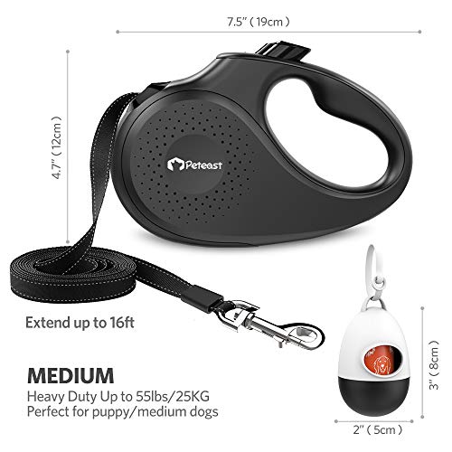 Peteast Retractable Dog Leash, 360Â° Tangle-Free, Heavy Dutyup to 55Lbs Pets, 16' Strong Reflective Nylon Tape with Waste Bag Dispenser, One-Handed Brake/Pause/Lock, Black, Medium