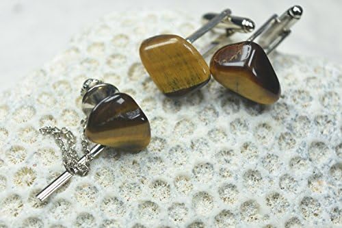 DejaVu DesignsCustom Gold Tiger's Eye Stone Cuff Links and Tie Tack Set - Made to Order