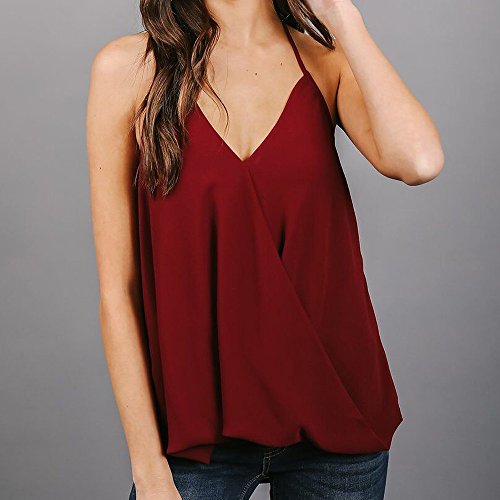 Vest Top Summer,Womens Sexy Halter Strap Blouse Off Shoulder Camisole Sleeveless Hem Pleated T-Shirt Tunics Tees Wine - Thumbnail 5