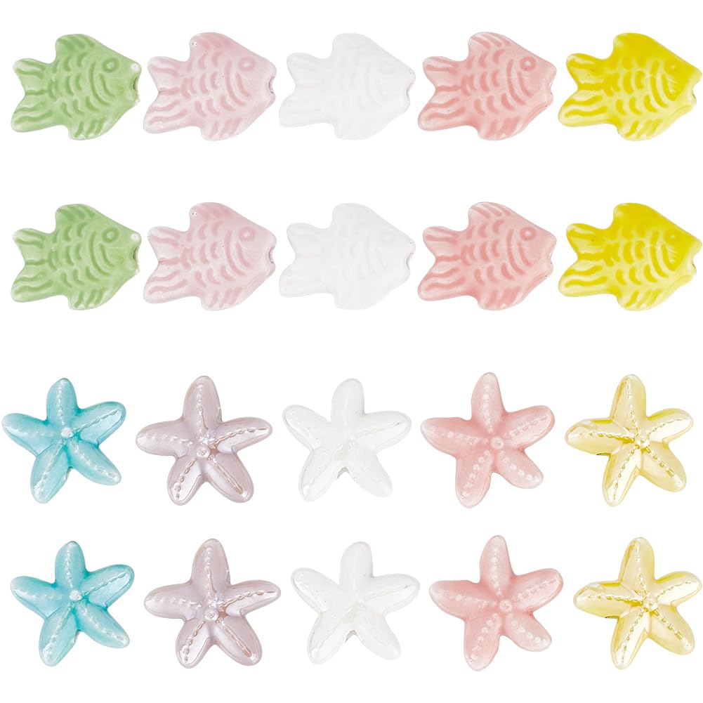 SUNNYCLUE 1 Box 20Pcs 10 Style Ocean Theme Beads Sea Animal Beads Cute Starfish Fish Ceramic Summer Handmade Sea Life Spacer Beads for Jewellery Making Bead Assortments DIY Bracelets Necklaces Crafts