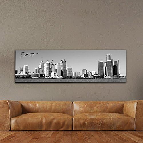 WallsThatSpeak Panoramic Detroit Cityscape Picture, Black and White Stretched Canvas Art Prints, Wall Decoration for Bedroom or Office, Framed and Ready to Hang, 14” x 48”