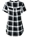 Finice Vintage Blouses, Women's Shirts Notched Collar Zip V Neck Short Sleeve Tunic Tops Versatile Retro Style Pleated Front Curved Hem Hipster Baggy Plaid Tshirt Black XXL