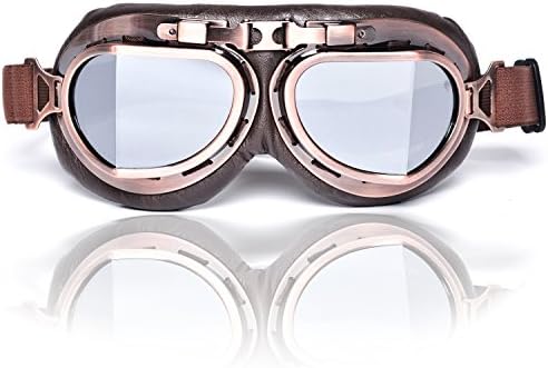 Eteanor Vintage Aviator Goggles WWII RAF German Retro Pilot Style Cafe Racer Motorcycle Off-Road ATV Scooter Cruiser Touring Half Open Face Helmet Snow Ski Steampunk Hat Glasses (Copper 08, Silver)