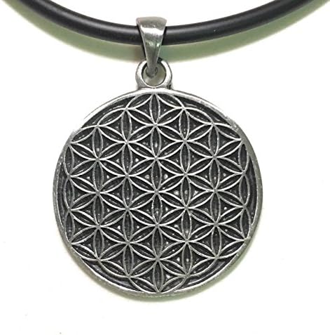 imossy - Classic Flower of Life Hexagon Sacred Pewter Pendant + Black PVC 18 inches 3mm. Necklace Lobster Clap Lock