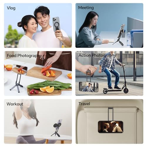 ULANZI Magnetic Phone Tripod for iPhone, MA38 Portable Phone Holder Mini Tripod for Magsafe with Double-Sided Strong Magnetic 1/4'' Arri Locating Hole Foldable Hook for iPhone 16 15 14 13 12, Black
