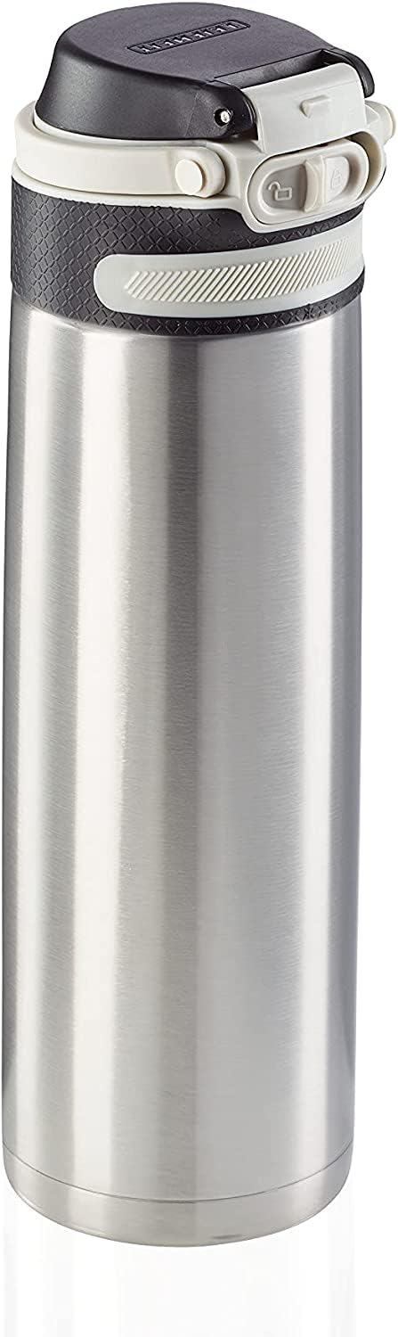 Leifheit Insulating Mug Flip 600 ml, 100% Leak-Proof, One-Hand Opening, Keeps Drinks Hot for Up to 6 Hours, Silver