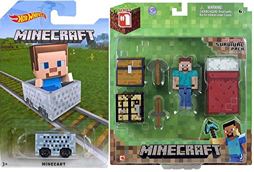 MineCart Hot Wheels with Overworld Survival Pack Steve Figure Core Player Pack Series 1 with game gear items set Minecraft Car Compatible with Minecraft Characters