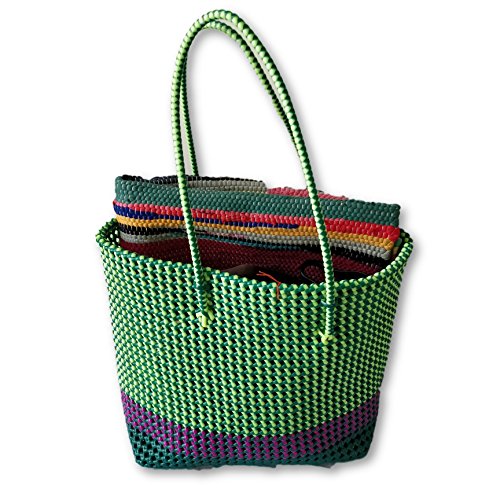 Colourful medium Tote/Basket/Bag/Shoulder bag/handbag weaved by village artisans (Green weaving) perfect for Picnics/Party/Beach - Thumbnail 4