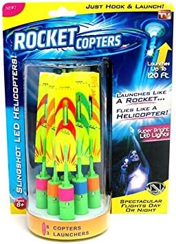 SkyGold Rocket Copters - The Amazing Slingshot LED Helicopters Hot Led Light Flying Small Arrows Flash Bamboo Dragonfly Flying Rocket（Three launchers, six rockets）