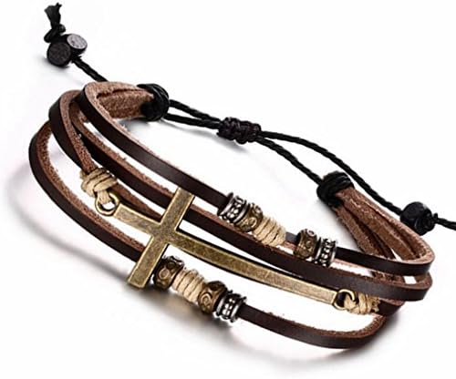 PopJ Vintage Sideways Cross Bracelet Multi-layer Brown Leather Warp Bangle Adjustable