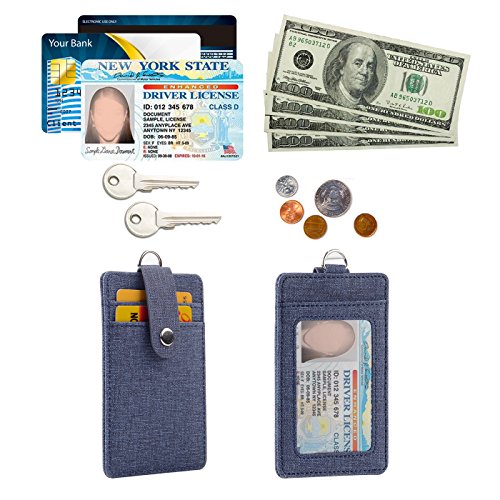 ID Badge Holders with 1 ID Window and 2 Card Slot with Detachable Reel Type Neck Lanyards & Reel Clip 2-Sided Vertical PU Leather Employee Certificate Pass Case Name Holder(Blue) - Thumbnail 3