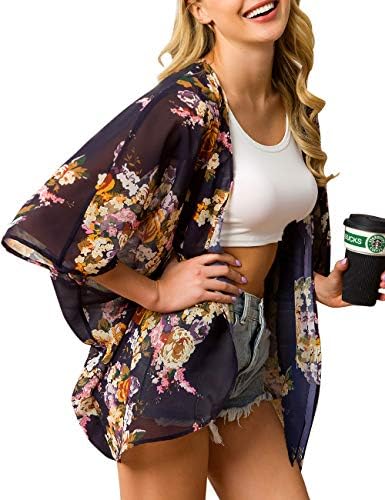 Women's Beach Cover Up Floral Print Chiffon Summer Swimwear Kimono Cardigan