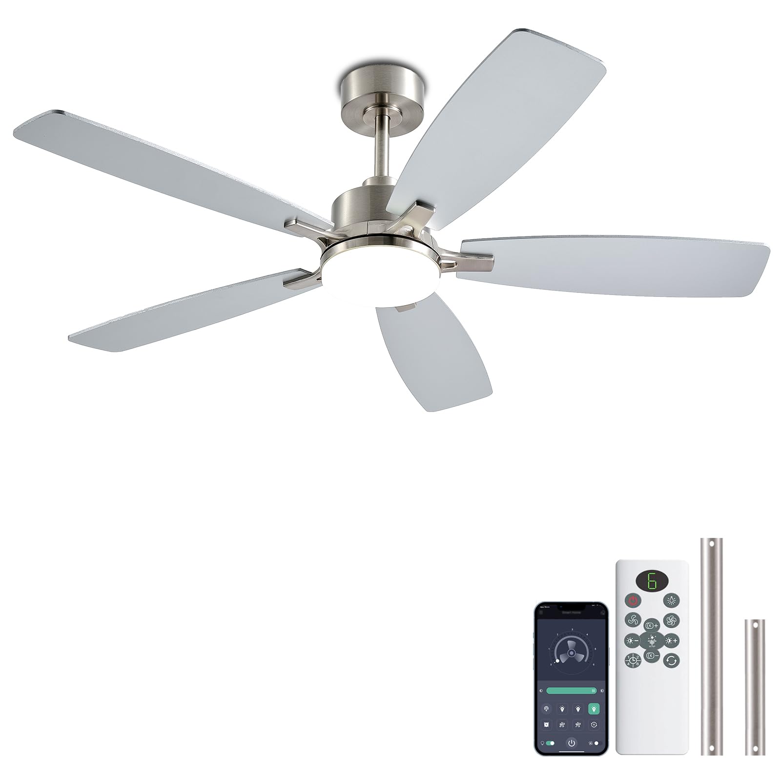 Photo 1 of NKPU Ceiling Fans with Lights, 52 Inch Low Profile Ceiling Fan with Light and Remote Control, 2 Downrods, DC Reversible Motor, Dimmable LED Ceiling Fans for Bedroom,Indoor/Outdoor Patio Use?Nickel?