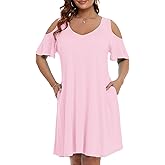 JollieLovin Womens Plus Size Short Sleeve Cold Shoulder V Neck T-Shirt Dress with Pockets