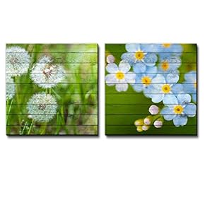 Photograph of Dandelions on a Field Along with a Branch with Blue Flowers Over Wooden Panels - Canvas Art Home Art - 12x12 inches