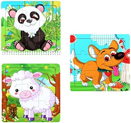 WELLSKEY Wooden Peg Puzzles Set of 3 (Dog, Panda, Sheep)