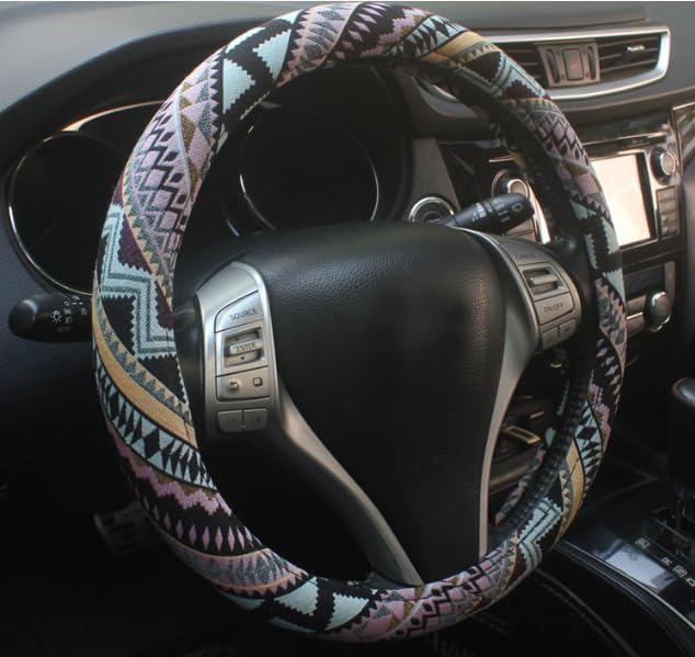 ISTN 2018 Ethnic Style Coarse Flax Cloth Automotive Steering Wheel Cover Anti Slip and Sweat Absorption Auto Car Wrap Cover (K, 15''(fit for mostly cars))