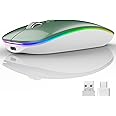 Uiosmuph LED Wireless Silent Mouse, G12 Slim Rechargeable, 2.4G Portable USB Optical Computer Mice with USB Receiver and Type C Adapter (Blacklish Green)