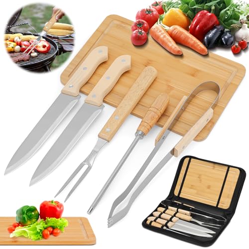 Jogo para Churrasco Inox 6 peças, Kit de Churrasco com Tábua de Bambu, Kit Tábua para Churrasco, Kit Churrasco com Tabua, Kit Churrasco Conjunto, Facas para Churrasco, Jogo de Facas