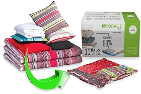 (11)Jumbo Storage Vac Vacuum Storage Bags ( 40" X 30" Inch Works With Any Vacuum Cleaner + FREE Hand-Pump for Travel!) Double-Zip Seal and Triple Seal Turbo-Valve for 80% More Compression! Jumbo