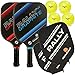 Rally NX Graphite Pickleball Paddle Bundle (2 - U.S. Made Graphite Pickleball Paddles, 2 Protective and Stylish Neoprene Paddle Covers, 4 Dura Outdoor Yellow Pickleballs) (Blue/Red) || Gift Pack