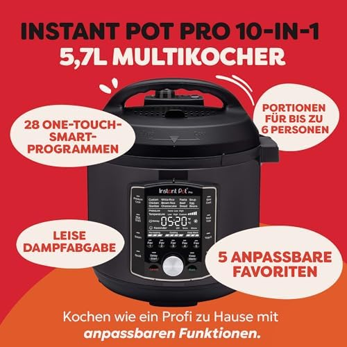 Pro 10-in-1-Elektro-Multikocher 1200 W, 5,7 L – Schnellkochtopf, Schongarer, Reiskocher, Dampfgarer, Sautierpfanne, Sterilisator, Joghurtbereiter, Sous Vide Gerät – Schwarzer Edelstahl