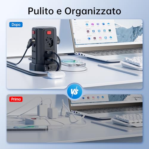 Power Strip 3 m with 12 Universal Sockets 10/16A ITA and Schuko and 3 USB A+1 USB C Overvoltage Protection with 4 Independent Switches, Black