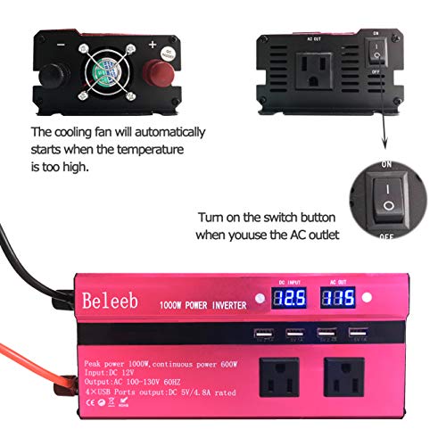 Beleeb 1000W Car Power Inverter DC 12V to 110V 3 AC Outlets Home Car RV Solar Power Converter for Household Appliances in case Emergency, Hurricane, Storm and Outage