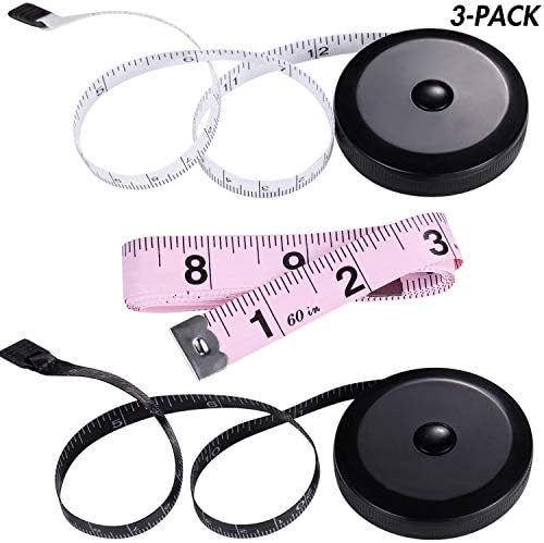 Rngeo Tape Measure, 60 Inches Measuring Tapes, Dual-Side Flexible Ruler for Cloth Body Measuring Tailoring or Dressmaking Sewing Spring Return Pocket Tapes (Black, White, Pink, Pack of 3)