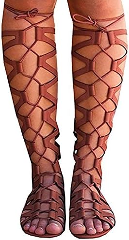 Sandals for Women Gladiator Flat Lace Up Suede Knee High Strappy