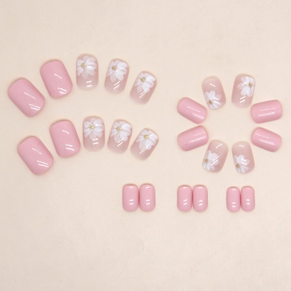 Press On Nails Short，Acrylic Nails Press on ，Short Square Press on Nails Fake Nails Glossy Pink False Nails with Iced Camellia Press ons Designs Artificial Nails Stick on Nails for Women Girls 32Pcs - Image 4