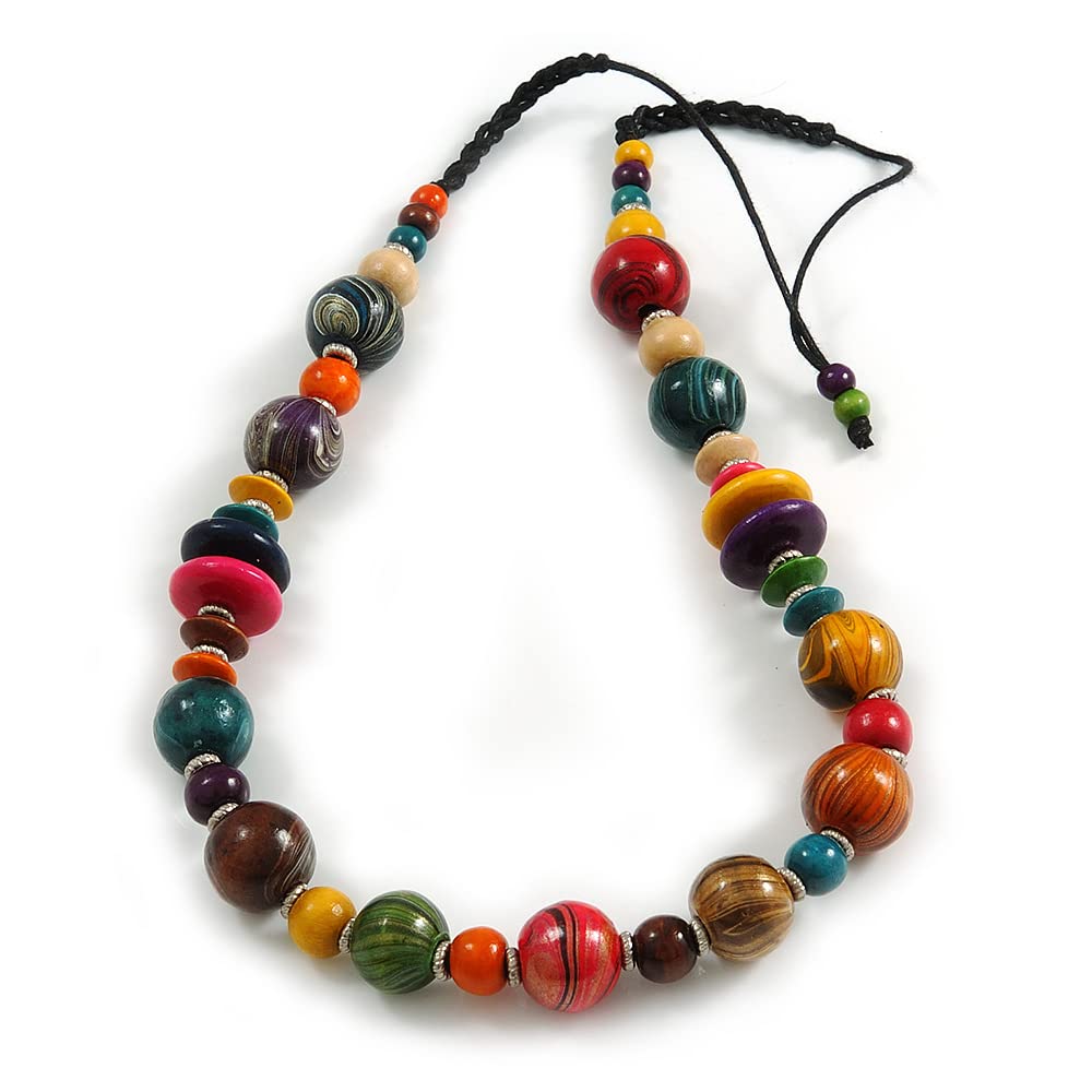 Avalaya Multicoloured Round and Button Wood Bead Cotton Cord Necklace/ 80cm L/Adjustable